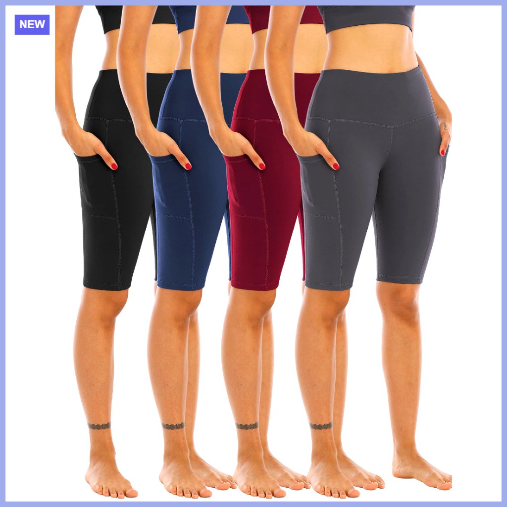 High Waisted Biker Yoga Shorts With Pockets, 4 Pack, Tummy Control